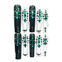 Ongles en forme de cercueil vert émeraude et blanc faits à la main à presser, en ABS, 10 pièces, extra longs, design ballerine cercueil XL