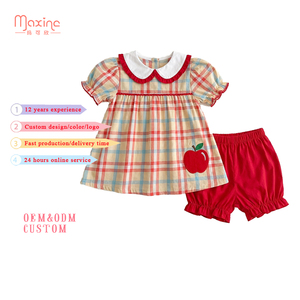 Ensembles de vêtements pour filles de 6 à 12 ans, certifiés CPC CPSIA, en gros, avec applique pomme, pour la rentrée scolaire, 100% coton, imprimé à carreaux, col Peter - Product Image 1