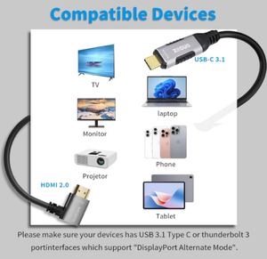 Câble <span class=keywords><strong>HDMI</strong></span> à angle droit mince de Type C à 90 degrés 4K60Hz Câble adaptateur <span class=keywords><strong>USB</strong></span> C <span class=keywords><strong>vers</strong></span> <span class=keywords><strong>HDMI</strong></span> Compatible avec Thunderbolt 3/4 pour ordinateur portable - Product Image 6