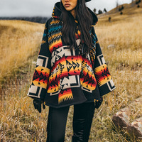 Poncho à capuche en mélange de laine pour femme, style aztèque, imprimé géométrique sud-ouest, avec franges, cape d'hiver, style bohème, cowgirl, vintage, vente en gros
