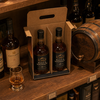 Boîte cadeau personnalisée en carton ondulé E-Flute pour deux bouteilles de whisky avec séparateur central, poignée découpée et impression couleur intégrale