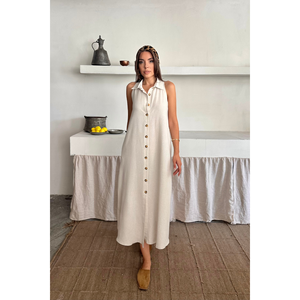 Vestido de Lino sin Mangas con Cuello Camisero, Blanco, Casual, Largo Midi, Vestido de Verano para Mujer - Product Image 6