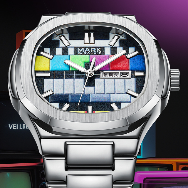 Mark Fairwhale Retro TV Dial Design Watch Men Stainless Steel Trend Luminous Week Calendar Waterproof Quartz Watches Men FW-5210
