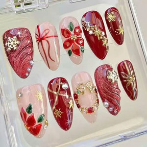 <span class=keywords><strong>Uñas</strong></span> Postizas de Lujo, Largas, Tipo Ataúd, Hechas a Mano, con Decoración de Diamantes de Imitación, Tema Navideño, Acrílicas - Product Image 3