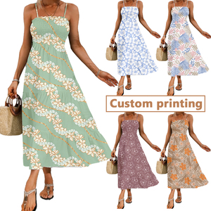 Mass Production Summer Girls Hawaiian Print Smocked <strong>Spaghetti</strong> <strong>Strap</strong> Milk Slik Vacation <strong>Dress</strong> Women's Holiday <strong>Dress</strong> - Product Image 1