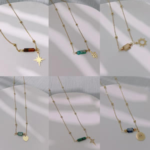 Kalung liontin manik-manik batu alam hati, Stainless Steel lapis emas trendi untuk hadiah pasangan - Product Image 3