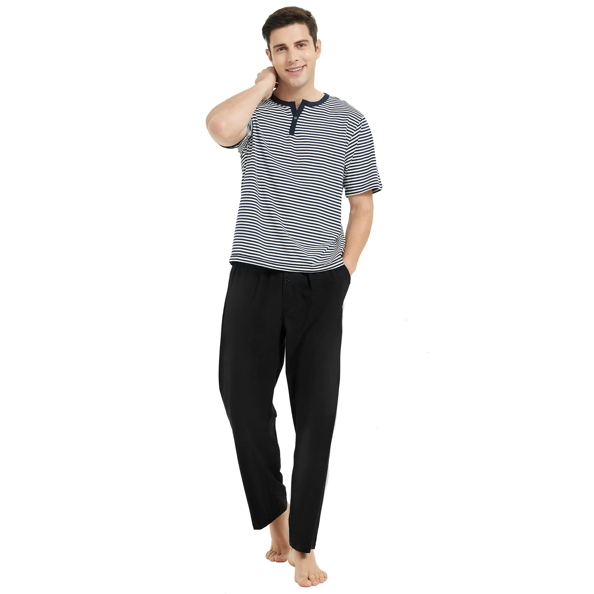 Pijamas de algodón suave y Spandex para hombre MQF surtidos de camiseta familiar con rayas y pantalón sólido conjunto de pijama de Navidad para hombre