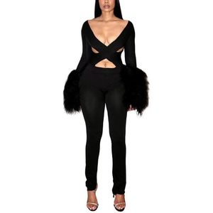Combinaison moulante personnalisée 2026 pour femme, col en V profond, découpes, manches longues, fourrure, tenue de club, taille naturelle, tissu jersey - Product Image 2