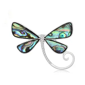 Jewelry Manufacturer Wholesale Gold/ Silver Abalone Shell Inset Rhinestone Dragonfly Brooch Women