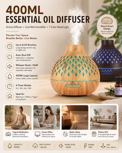 Diffuseur <span class=keywords><strong>d</strong></span>'huiles essentielles silencieux de haute qualité, 400 ml, grain de bois foncé, sans BPA, en PP, <span class=keywords><strong>humidificateur</strong></span> à brume froide pour la maison - Product Image 2