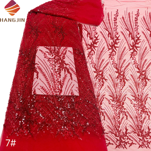 Tessuto in Pizzo di Lusso Rosso con Paillettes e Perline, Ricamo Francese su Rete con Paillettes per Feste - Product Image 1