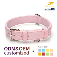 Collier pour chien en cuir PU couleur unie, personnalisé OEM, rose, réglable, avec boucle en métal argenté, anneau en D, cousu, léger