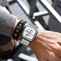 Montre mécanique squelette carrée pour homme de haute qualité avec bracelet en acier inoxydable, montre-bracelet automatique de luxe et élégante pour les affaires