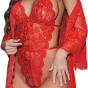 Ensemble de lingerie en dentelle 2 pièces sexy et confortable pour femmes Robe Kimono taille libre avec motif imprimé de combinaison sans manches pour la nuit - Product Image 2