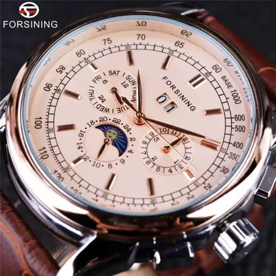 Luxury Forsining Rose Gold Case Brown Leather Strap Men Watch Automatic Self Wind Watch Mechanical Watches For Men Relogio