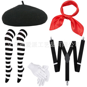 Ensemble de costume d'artiste français pour femme, comprenant un béret, une écharpe rouge, des bas rayés, des bretelles et des gants blancs, pour fête d'Halloween et jeu de rôle - Product Image 1