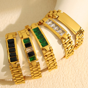 Stylish Hip Hop Watch Band Chain Shiny Zircon 18K Gold Plated Titanium Stainless Steel Women <b>Bracelet</b> - Product Image 1