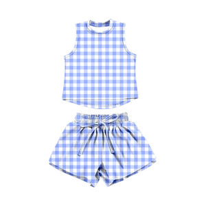 Conjunto deportivo de verano para niñas, con estampado a cuadros morado claro, modelo GSSO3477, venta al por mayor, para yoga, atlético, de manga corta. - Product Image 6
