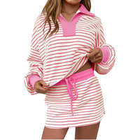Ensemble Femme Bleu Rayé Polo Manches Longues Col Chemise Short Cordon Preppy Casual Lounge Fournisseur OEM ODM Grossiste