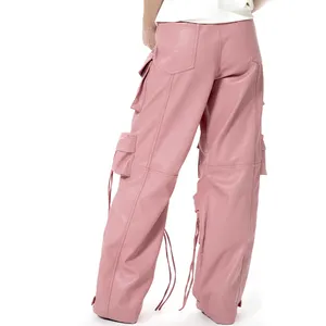 Women Cargo Pants Hip Hop Women High Waist Multi Utility Pockets Straight Leg Cargo Pants Punk Style Pink Faux Leather Baggy Stacked Trousers