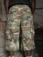 Short cargo en sergé de coton épais pour homme, coupe oversize, délavé et vieilli, style utilitaire tactique camouflage, longueur longue, de la marque HG Manufacturer