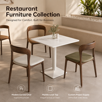 Collection de mobilier de restaurant, table carrée en marbre avec chaises courbées en bois pour projet de restaurant moderne et ensemble de bar