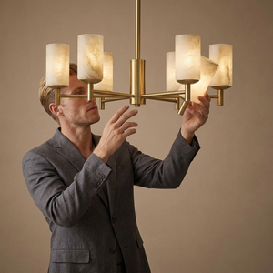 Modern Brass Chandelier With Alabaster Shades Geometric Design Ceiling <b>Light</b> Indoor Living Room Decor - Product Image 1