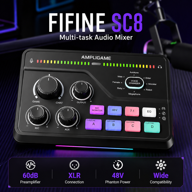 Fifine SC8 RGB PC Recording Studio Audio Sound Cards Mixers External XLR Live Streaming USB Gaming Audio Sound Mixer Interface