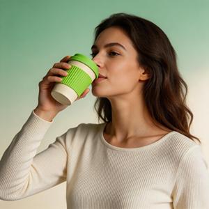 Gobelet à café réutilisable en fibre de bambou écologique 350 ml, tasse de voyage avec couvercle, design moderne et simple |   Articles de boisson durables OEM/ODM - Product Image 2