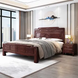 Tempat tidur kayu padat kualitas tinggi harga grosir furnitur kamar tidur apartemen set king size kayu solid tempat tidur ganda