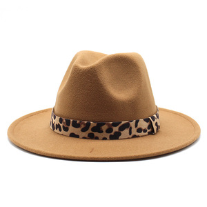 Chapeaux Fedora <span class=keywords><strong>bordeaux</strong></span> unisexe en gros femmes plat large bord 100% Fedora laine feutre chapeau hommes vert Fedora chapeau avec ruban léopard - Product Image 1