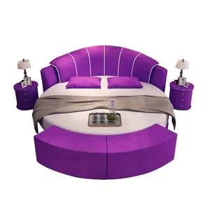 Latest circle king size crushed velvet leather cheap round shape bed with mattress cheap round beds with bench