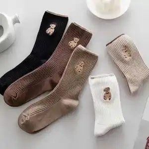 Cheap quarter embroidery bear pattern ladies sock wholesale ankle couple cotton ribbed women socks with bear