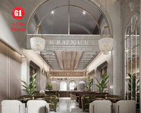 Conception personnalisée de décoration intérieure de restaurant, ensemble de table à manger moderne, comptoir de bar commercial avec structure métallique, éclairage LED