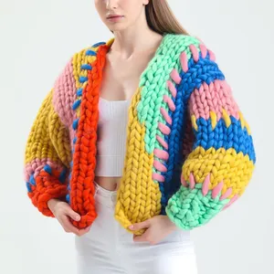 Custom Cropped Knit Cardigan Casual Loose Fit Colorful Chunky Fluffy Sweater For Women