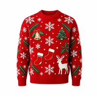 Pull de Noël rouge personnalisé en gros, motif renne jacquard, col rond, pour l'automne et l'hiver