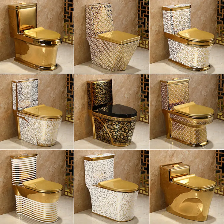 Nuevo diseño de inodoro de color, baño de artículos sanitarios, juego de inodoro dorado de lujo de una pieza, lavabo de pedestal de baño, juego de inodoro dorado WC