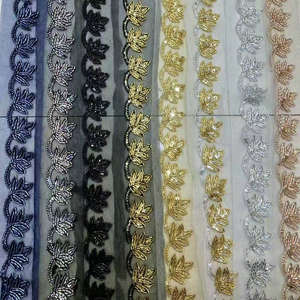 Ricamo a macchina di alta qualità con perline in <span class=keywords><strong>Tulle</strong></span> rifilatura in <span class=keywords><strong>oro</strong></span> perline e paillettes con fiori di pizzo per abiti - Product Image 1