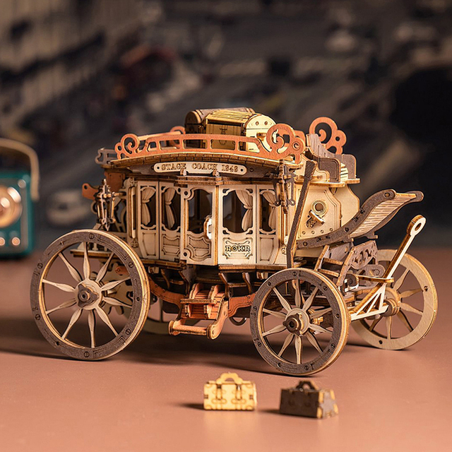 Robotime Rokr AMKA1 Wind up Music Box Wooden Stage Coach Model Kits 3D Puzzles for Adults