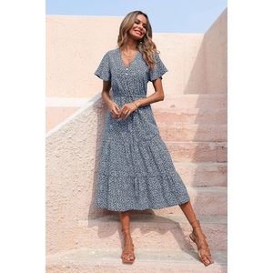 Robe florale FOXA pour femme, été, manches courtes, col en V, à volants, coupe trapèze, longue, décontractée, style bohème, pour la plage, respirante, tissée - Product Image 5