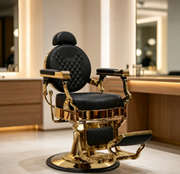 Fauteuil de barbier classique haut de gamme avec cadre plaqué or, revêtement matelassé noir, fauteuil de barbier inclinable hydraulique pour salon de coiffure