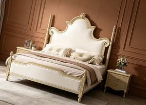 Premium <b>Queen</b> <b>Size</b> Light Wood Spindle <b>Bed</b> With Cream Upholstered Nailhead Ornate Carved Headboard For Bedroom - Product Image 4