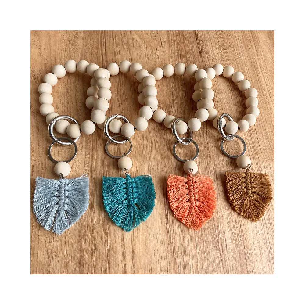 New Retro Handmade Wooden Beaded Bracelet Custom Logo Boho Cotton Macrame Tassel Wristlet Keychain