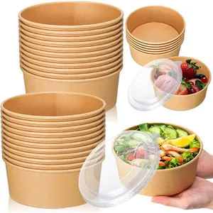 Disposable Custom Logo Printing Food Packing Container Salad Bowls Kraft Paper Bowl With Paper PP Lid From Factory Manufacturer