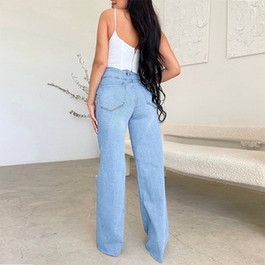 Jean déchiré taille haute ample à jambe droite pour femme, pantalon décontracté d'été à jambe large avec boutons décoratifs, grandes tailles - Product Image 3