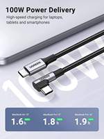 Kabel UGREEN USB C ke USB C 100W Pengisi Daya Tipe C Kabel Pengisian Cepat Sudut Kanan 1M 2M