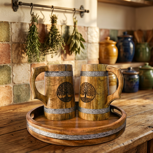 Mugs à bière en bois faits à la main, personnalisés et écologiques, style viking, design arbre sculpté, style rustique, mug en bois naturel pour la maison - Product Image 1