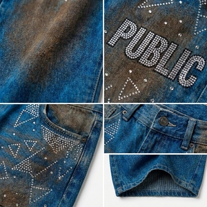 16oz Men's Wide Leg Distressed Denim Pants OEM High Waist Vintage Stonewashed Street Style Jeans With Rivets and Rhinestone Logo - Product Image 2