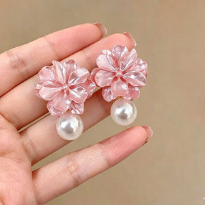 Modernos Pendientes Colgantes Florales de Aleación Acrílica con Diamantes en Tono Pastel, Chapados en <span class=keywords><strong>Oro</strong></span> de 18K, Accesorio Romántico para Aniversario para Mujer - Product Image 4