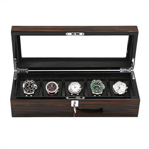 Wooden <b>Watch</b> Storage Box 5 Grid Faux Suede Interior Lockable Display <b>Case</b> Rectangle Shape - Product Image 3